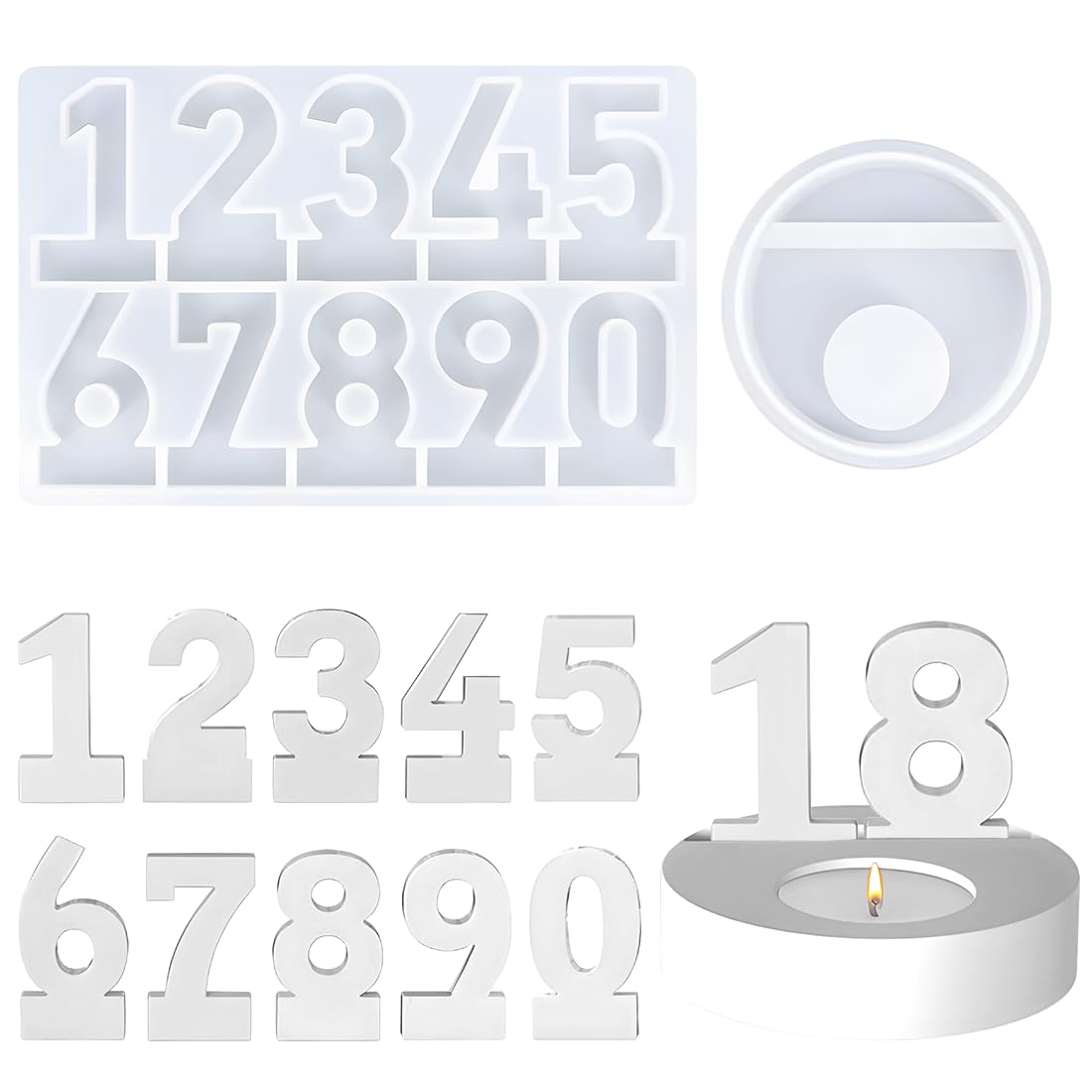 ALEFBET Silikonformen Kerzenhalter Set - Zahlen 0-9 Für Gips, Epoxidharz & Beton Gießformen