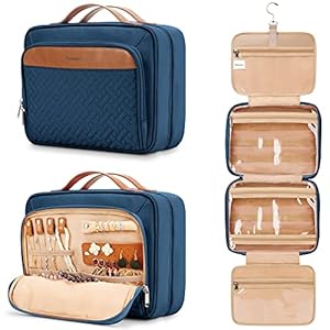 Travel Hanging Toiletry Bag for Women, Extra Large Makeup Bag, Holds Full-Size Shampoo, with Jewelry Organizer Compartment, Waterproof Cosmetic Bag, Toiletries Kit Set with Trolley Belt, Navy Blue