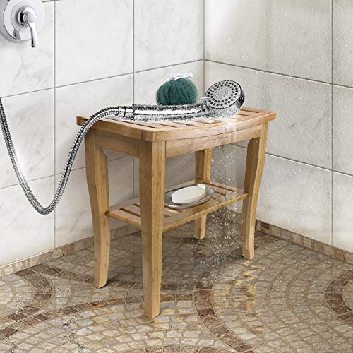 Sorbus Bamboo Shower Bench Stool With Shelf — 2-Tier Wood Storage & Seating For Bathroom, Shower Bench Chair, Bath Stool, Spa Sauna Seat #TOP3
