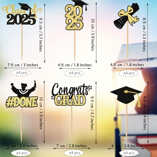 Class of 2025 Graduation Cupcake Topper - Celebrate Graduation Day with Tindobewan Glitter Congrats Grad Cupcake Picks Decorations(24Pcs,Black with Gold) S1
