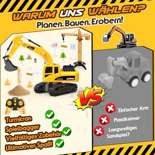 HappyGoLucky Ferngesteuertes Bagger mit 2 Batterien, 2.4Ghz RC Bagger Spielzeug ab 3-8 Jahre Junge, Baufahrzeug Spielzeugautos Geburtstags Geschenk für Kinder