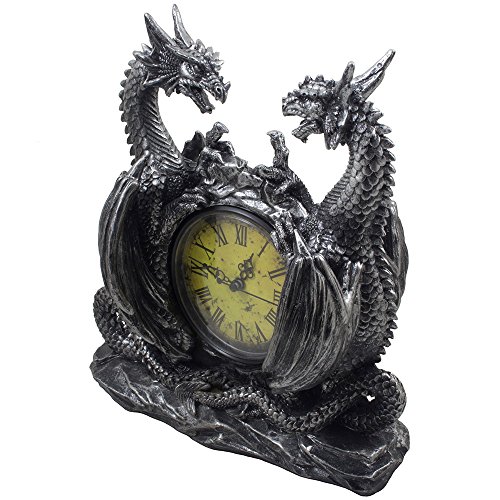 Mythical Dragon Duo Desk Clock in Metallic Look and Antique Face with Roman Numerals for Desktop, Shelf & Mantle As Gothic Medieval Decor Or Decorative Office Gifts - Image 3