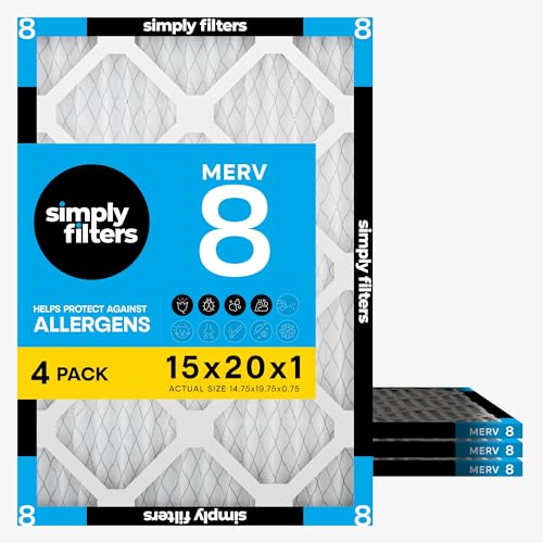 Simply 15x20x1 Air Filter Merv 8 4 Pack For Home AC Furnace & HVAC (Actual Size: 14.75x19.75x0.75) DUST Pet & Allergy Control