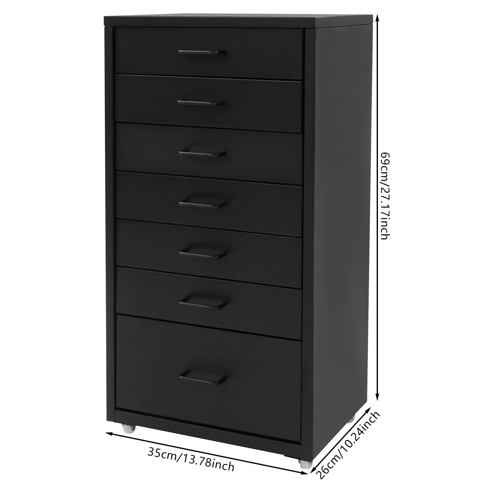 Cassettiera con 7 cassetti, comodino, per ufficio, ufficio, studio, 35 x 26 x 69 cm, colore: nero