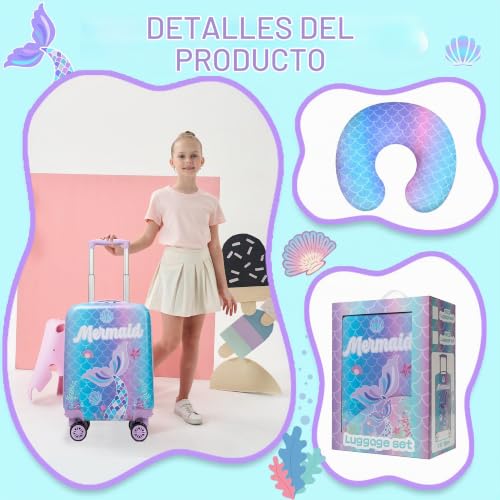 Miniatura 4 de Htgroce Maleta De Viaje Cabina Trolley Infantil 16 . Equipaje De Mano Sirena. 4 Ruedas Material Abs. Asa Telescópica.