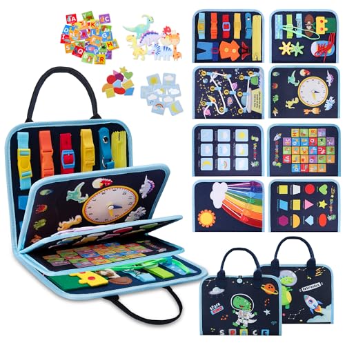 Image of GONINO Toddler Busy Board Montessori Toys for 1-3 Year Old, Dinosaur Space Busy Book with 23 Activities, Fine Motor Skills Sensory Toy, Travel Toys for Airplane Car, Gift for Boys Girls, Blue