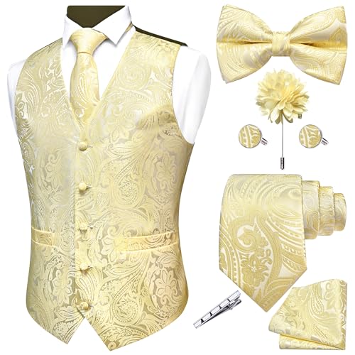 GUSLESON Light Yellow Mens Vest Tie and Bow Tie Set Formal Waistcoat Paisley Floral Jacquard Necktie Pocket Square Suit Vests Lapel Pin Wedding Party (0810-07-M)