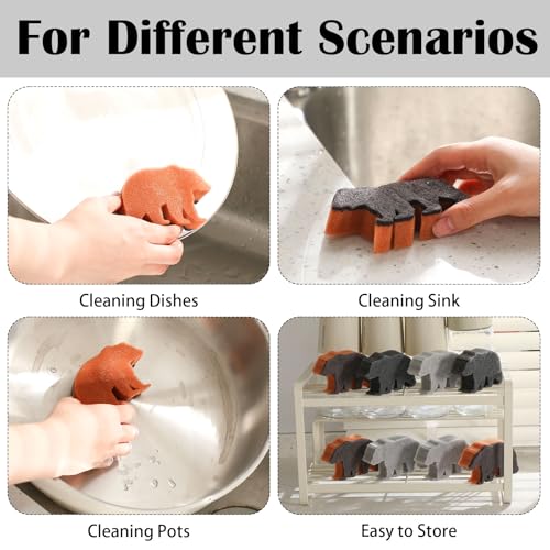 Image of Tioncy 12 Pack Rustic Bear Kitchen Sponges Bulk 4 Colors Cute Dual Sided Scrubber Brown Black Bear Sponges Reuseble Dishwashing Kitchen Cleaning Accessories for Cookware Pot Boiler Pan Household