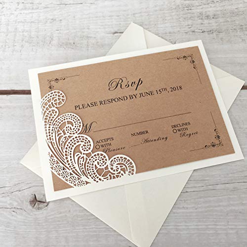 Picky Bride 50 Pcs Rustic RSVP Cards with Return Envelopes, Wedding Invitations Response Cards for Wedding, Ivory Pearl Laser Cutting Lace Covers with Blank RSVP Cards - Set of 50 - Thumbnail 4