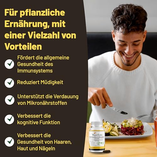 Vegan Multivitamin Tabletten hochdosiert - Vitamin b12 vegan & Eisen. 180 Multivitamin Tabletten Nahrungsergänzungsmittel - 6 Monate Vegan & Vegetarier - Alle Vitamine in einer Tablette
