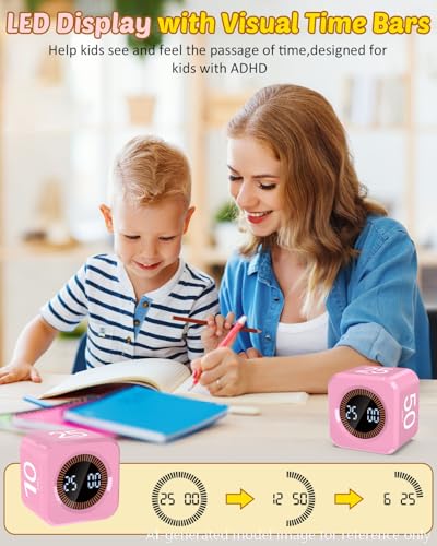 Image of Pomodoro Timer Cube Visual Productivity Flip Timer for Kids Classroom Desk, 5 /10 /25 /50min& Custom Countdown, Silent&Sound Mode Digital Cube for ADHD Study Work School Game Kitchen (Pink)