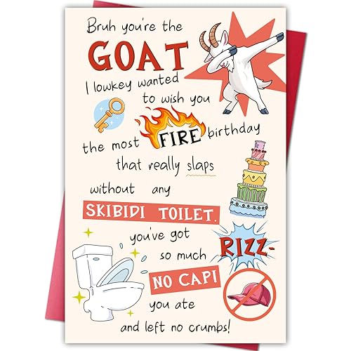 Cheeklee Funny Gen Z Birthday Card for Teen Boys Girls, Meme Slang Greeting Card, Cool GOAT Rizz...