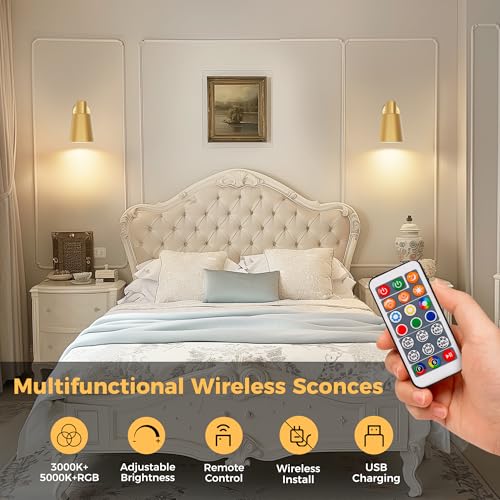 Image of DORESshop Battery Operated Wall Sconces Set of Two, Dimmable & Adjustable Gold Wall Lights, Rechargeable Wireless Wall Sconce with Remote, Not Hardwired LED Wall Lamps for Bedroom Living Room E26