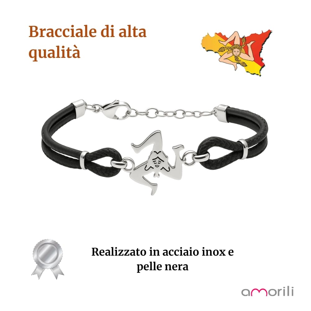Bracciale Trinacria Siciliana Uomo Donna | Simbolo Sicilia in Acciaio Inox e Corda Nautica | Gioiello Artigianale Siciliano | Idea Regalo per Amanti della Sicilia