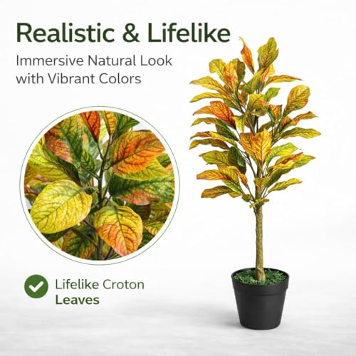 Image of Artificial Croton Plant - 90 cm Tall Faux Decorative Tree Without Pot for Indoor Outdoor Home, Office, Balcony & Living Room Decor