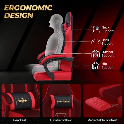 Image of GTPLAYER Video Gaming Chair Fabric, Ergonomic Computer Chair with Footrest and Pocket Spring Cushion, Height Adjustable Video Gamer Chair with Lumbar Support for Adults, Red