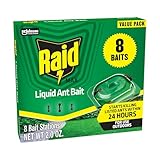 Raid Outdoor Liquid Ant Bait, Starts Killing Listed Ants Within 24 Hours, Effective Outdoors, Pre-Filled and Ready-To-Use - 8 Count