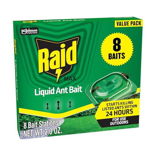 Raid Outdoor Liquid Ant Bait, Starts Killing Listed Ants Within 24 Hours, Effective Outdoors, Pre-Filled and Ready-To-Use - 8 Count