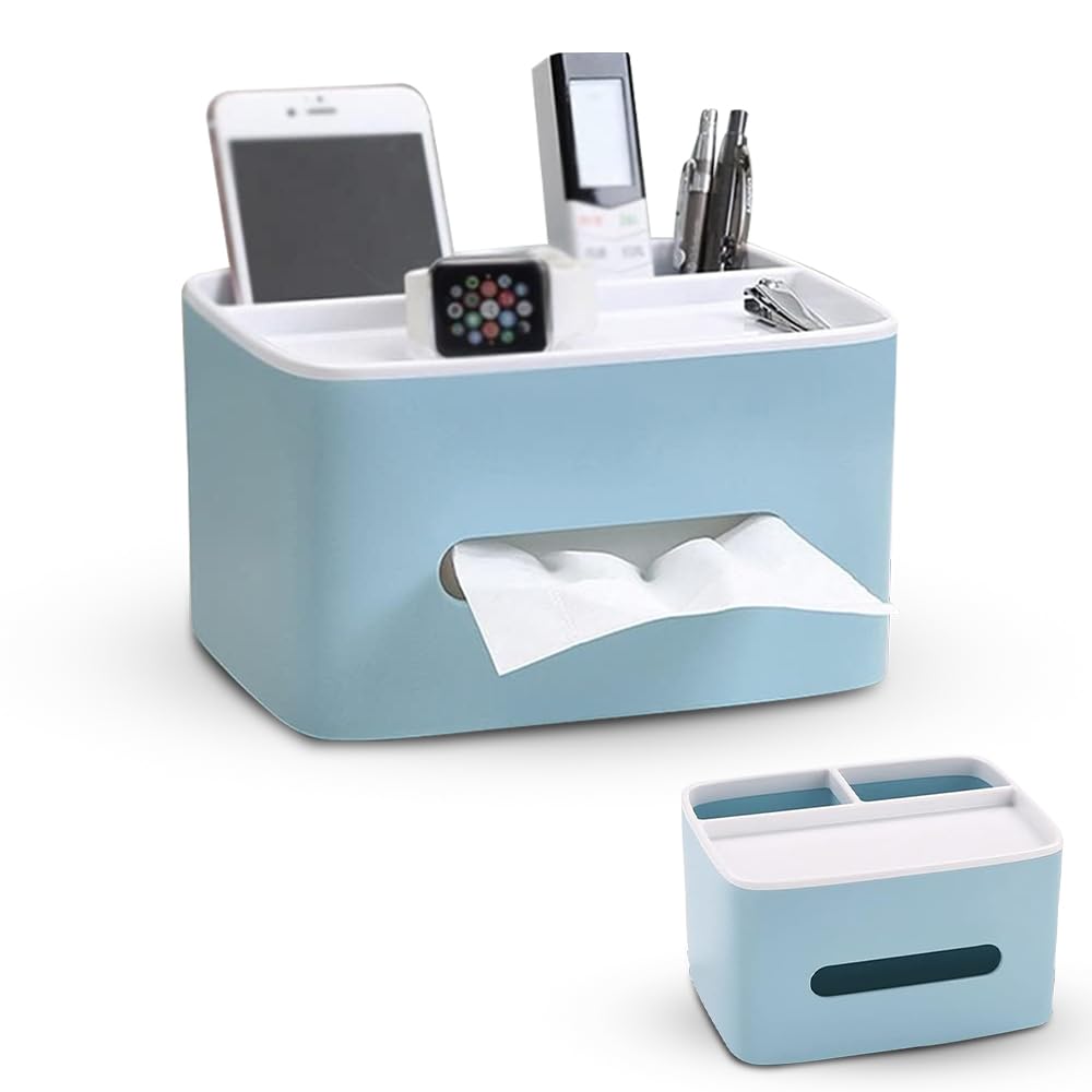 AMERTEERMultifunctional Tissue Box Organizer | Tissue Cover with Storage | Multi Function Tissue Holder | Bedside Desktop Plastic Decorative Drawer, Desk Container for Home Kitchen Office (Blue)