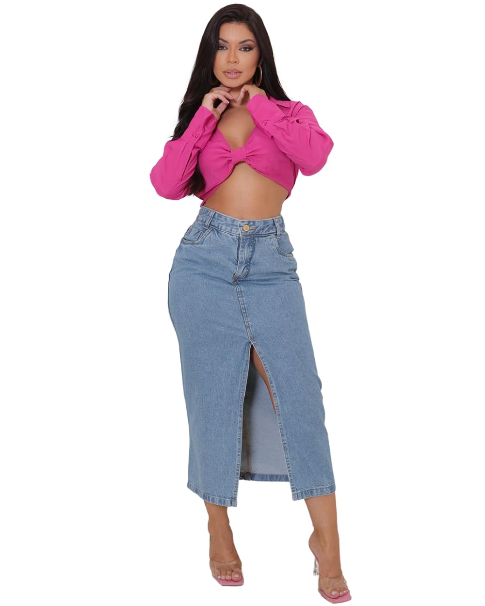 Saia Feminina Longa Mídi Cintura Alta Elegante Com Fenda Frontal 100% Jeans