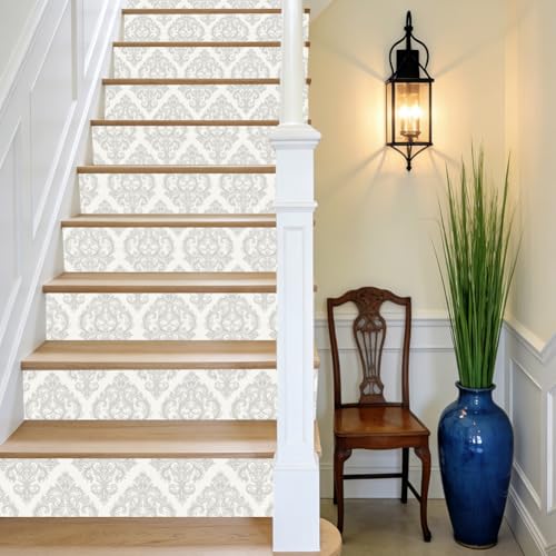 TNKBREEZE 15 Strips Damask Italian Stairs Stickers Vintage Floral Peel and Stick Stair Riser Decals Removable Self-Adhesive PVC Art Sticker Decor for Steps Staircase Murals Decals 39.377.09inch