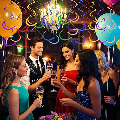 Image of Colorful Ceiling Swirl Foil Decorations Hanging Plastic Streamer Themed Swirl Party Decoration for Wedding Thanksgiving Day Graduation Celebration, Pack of 28 (Multicolor 15)