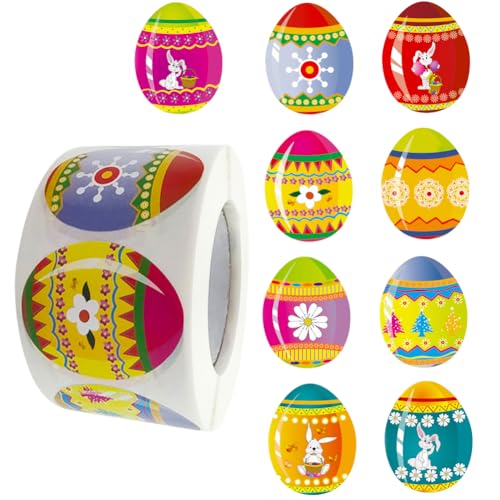 500Pcs Easter Egg Stickers Roll - 9 Pattern Designs Self-Adhesive Sealing Stickers Rabbit Flower Waterproof Decals for Easter Spring Party Envelope Scrapbook Decor