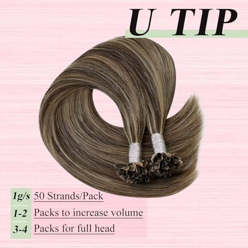 Image of YoungSee U Tip Hair Extensions Human Hair Brown Highlight K Tip Hair Extensions Real Human Hair 24 Inch Keratin Hair Extension Blonde Highlight Utip Extension Dark Brown Highlight Blonde 50s /50g