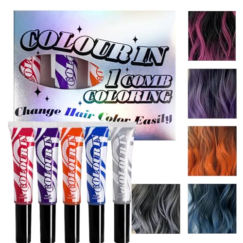 Juego de tizas temporales para colorear el cabello – Juego de 5 páginas para colorear con pincel de color oscuro | Teñir incluso el pelo negro fácil de usar Tizas para el cabello para mujeres lavables