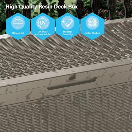 Yardgrace 100 Gallon Waterproof Large Resin Deck Box Indoor/Outdoor Lockable Storage Container and Seating for Garden, Pool, and Patio (100 Gallon, Grey)