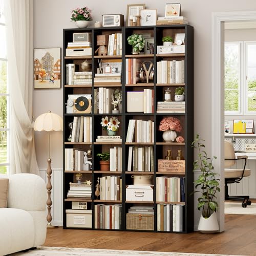 FOTOSOK 71" H Quad Wide Bookshelf and Bookcase, 7 Tier Tall Bookshelf with 28 Open Display Shelves, Large Bookcase Tall Book Shelf DVD/CD Media Storage Book Case for Living Room, Black/Brown - Image 2