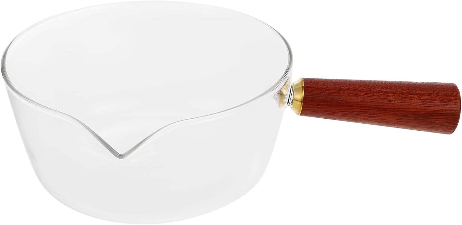 Clear Glass Pot Milk Pan with Wooden Handle Pasta Pot Glass Measuring Cups Frothing Pitcher for Noodle Kitchen Restaurant Use S Cups(24.5X16.5X7CM) (One Color 24.5X16.5X7CM)