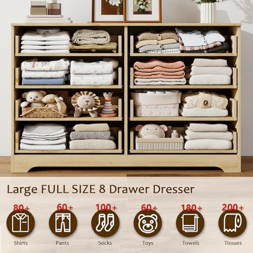 HOPUBUY 8 Drawer Dresser for Bedroom, Rattan Modern Closet Dressers Chest of Drawers, Boho Wood Double Dresser Wicker Dresser Storage Closet for Bedroom, Living Room, Entryway (Natural)