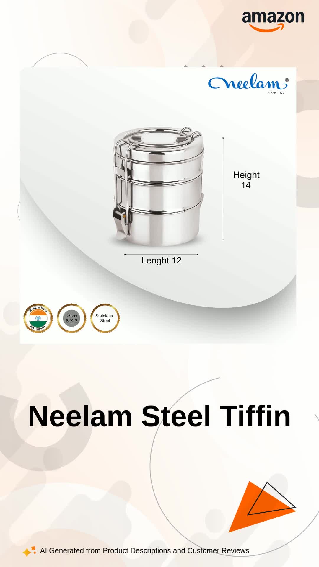 Buy neelam Stainless Steel Lunch Box/Tiffin with Locking Clip, 3