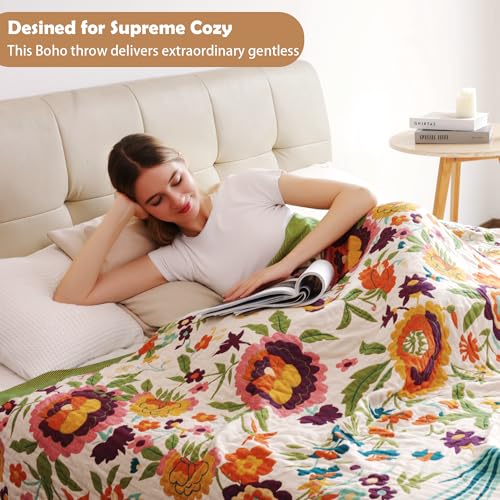 Boho Throw Blanket 50" x 60", 100% Organic Cotton Skin-Friendly Soft Bed Quilt Throw - All Season Floral Rustic Farmhouse Decor Luxury Blanket for Sofa Couch Chair and Gift.