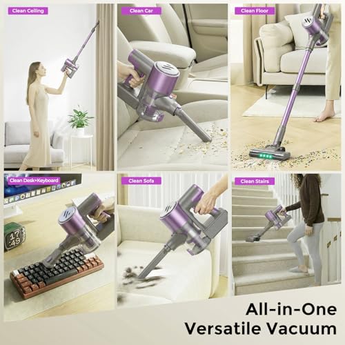 Image of WLOTPO Vacuum Cleaners for Home,Cordless Vacuum Cleaner,Lightweight Stick Vacuum Cordless Rechargeable,Self-Standing Design,LED Touch Screen,Vacuum for Hardwood Floors,Carpet,Pet Hair(Purple)