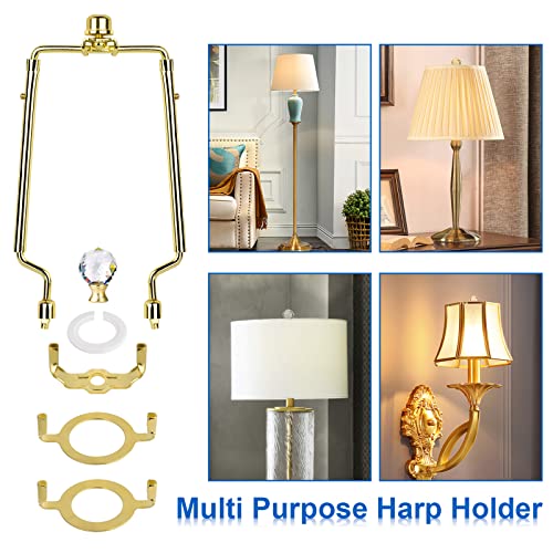 Image of WEAVERBIRD Lamp Shade Harp Bracket 7 8 9 10 inch Adjustable Lamp Harp Kit with 3 /8 Standard Saddle,E14 E26 E27 Light Base UNO Fitter Adapter Converter Finial Set and Crystal Lamp Finial Knob,Gold