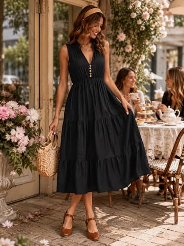 Image of BROVAVE Womens 2026 Summer Sleeveless Shirt Dress Collar Striped V Neck Casual Midi Dresses