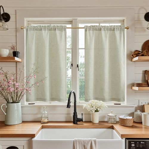 jinchan White Kitchen Curtains 36 Inch Length Textured Short Cafe Curtains Farmhouse Window Treatment Tiers for Bathroom Laundry Room Small Window Light Filtering Rod Pocket 2 Panels 26"W x