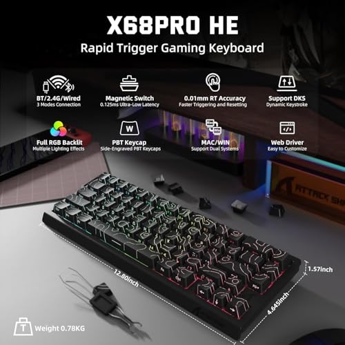 Image of ATTACK SHARK X68 PRO HE Wireless Rapid Trigger Gaming Keyboard with Adjustable Actuation,8K Polling Rate,Hall Effect Magnetic Switch,Hot-Swap,RGB Backlit,BT /2.4GHz /Wired,for FPS Games- Contour Black