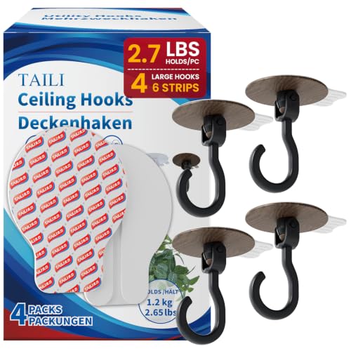 Image of TAILI Adhesive Ceiling Hooks for Hanging Plants, No-Drill 4 Pack Wood Grain