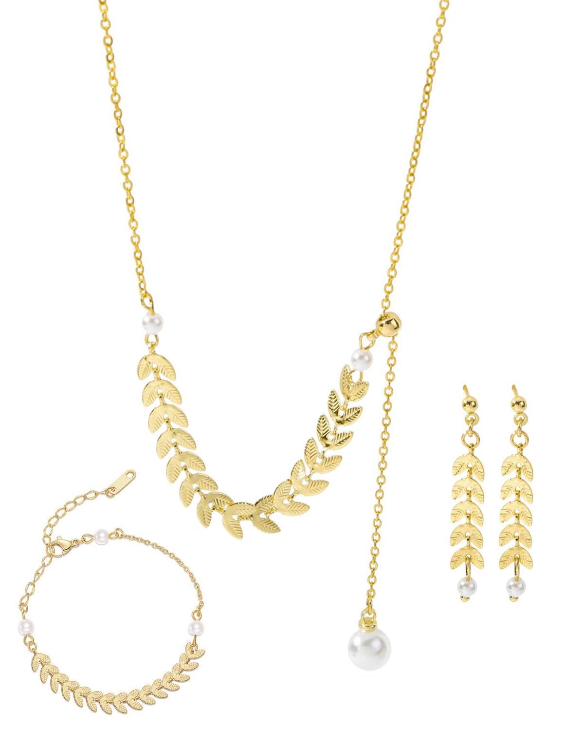 UYRVAPE Conjunto de Joyería Nupcial de Oro, Collar de oídos de trigo de perla, Pulsera, Pendientes Colgantes para Novia, Cristal, Boda, Graduación, Accesorios de Joyería para Mujer