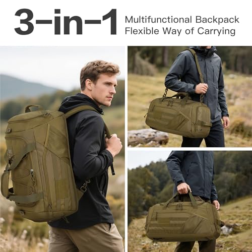 Image of 3-in-1 Tactical Gym & Travel Duffle Bag Backpack Men Multi-Functional 45L Military Sports Duffle Bag with Shoe Compartment & Wet Pocket for Workout Weekender Overnight Bag with Molle Webbing, Brown