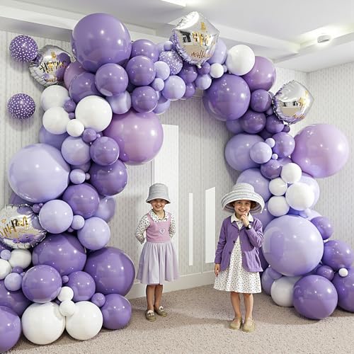 Image of 412Pcs Purple Balloon Garland Arch Kit,18 12 10 5 Inch Different Size Lavender Latex Metallic Silver Balloons for Butterfly Birthday Girls Women Wedding Birthday Baby Shower Party Decorations