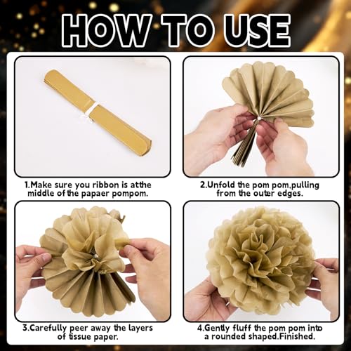 Image of EASY JOY 15 Pcs Black Gold Cream Tissue Paper Pom Poms Black and Gold Party Decorations Hanging Paper Flowers Decor for Prom 2026 Graduation Birthday Wedding New Year Home Wall Ceiling Decor