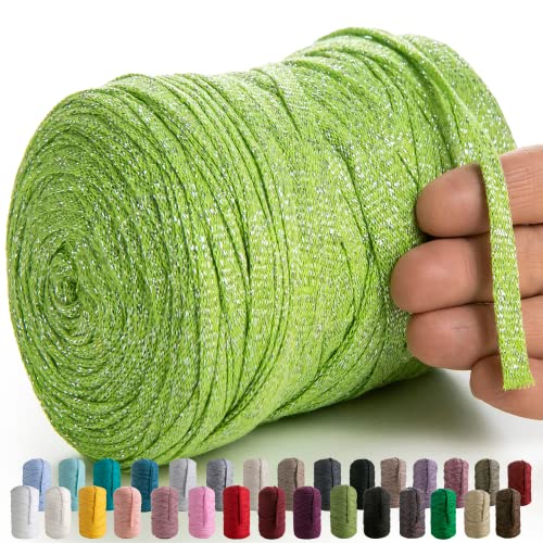 MeriWoolArt® Makramee Textilgarn zum Häkeln und Stricken - DIY glitzern flache T-Shirt Band Garn Dicke 10 mm, 125 m - Recyceltes Baumwollgarn mit Lurex, Viscose (Lurex Hellgrün)