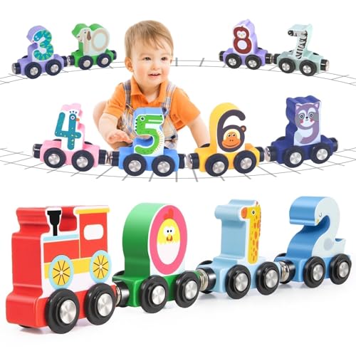 Lauon Toys for Toddlers, 12pc Wooden Magnetic Train Track Set with Animal and Digital Designs, Montessori Educational Toy for 2 3 4 5 Year Olds Boys...