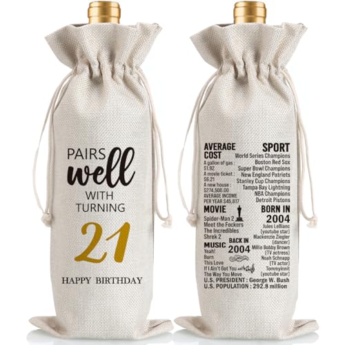 Ideas de regalo de cumpleaños número 21 para mujeres y hombres, decoración de fiesta de cumpleaños de 21 años, regalos de bolsa de vino, decoración de feliz cumpleaños 21, combina bien con la bolsa de