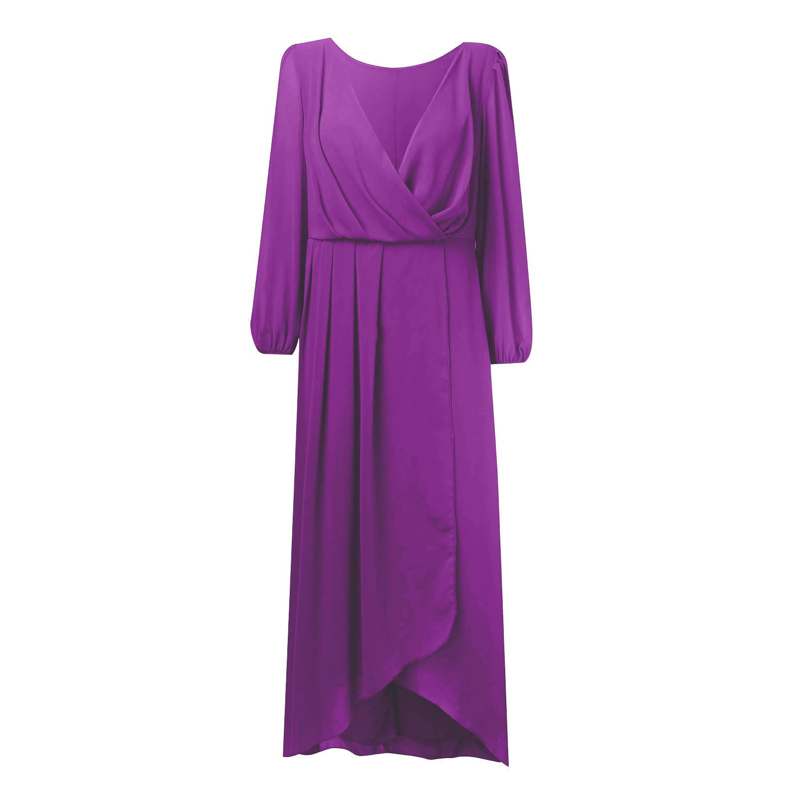 Sommerkleid Damen Damen-Chiffon-Frühlingskleid mit V-Ausschnitt Langen Ärmeln, plissiert, A-Linie, Midi-Länge, für Hochzeitsgäste (Purple, XL)