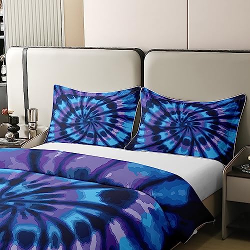 Loussiesd Tie Dye Duvet Set Boho Psychedelic Swirl Bedding 100% Cotton Set Blue Purple Tie Dye 100% Cotton Duvet Cover Hippie Bohemian Quilted Duvet Set Bedroom Collection 3Pcs Double Zipper - Image 4